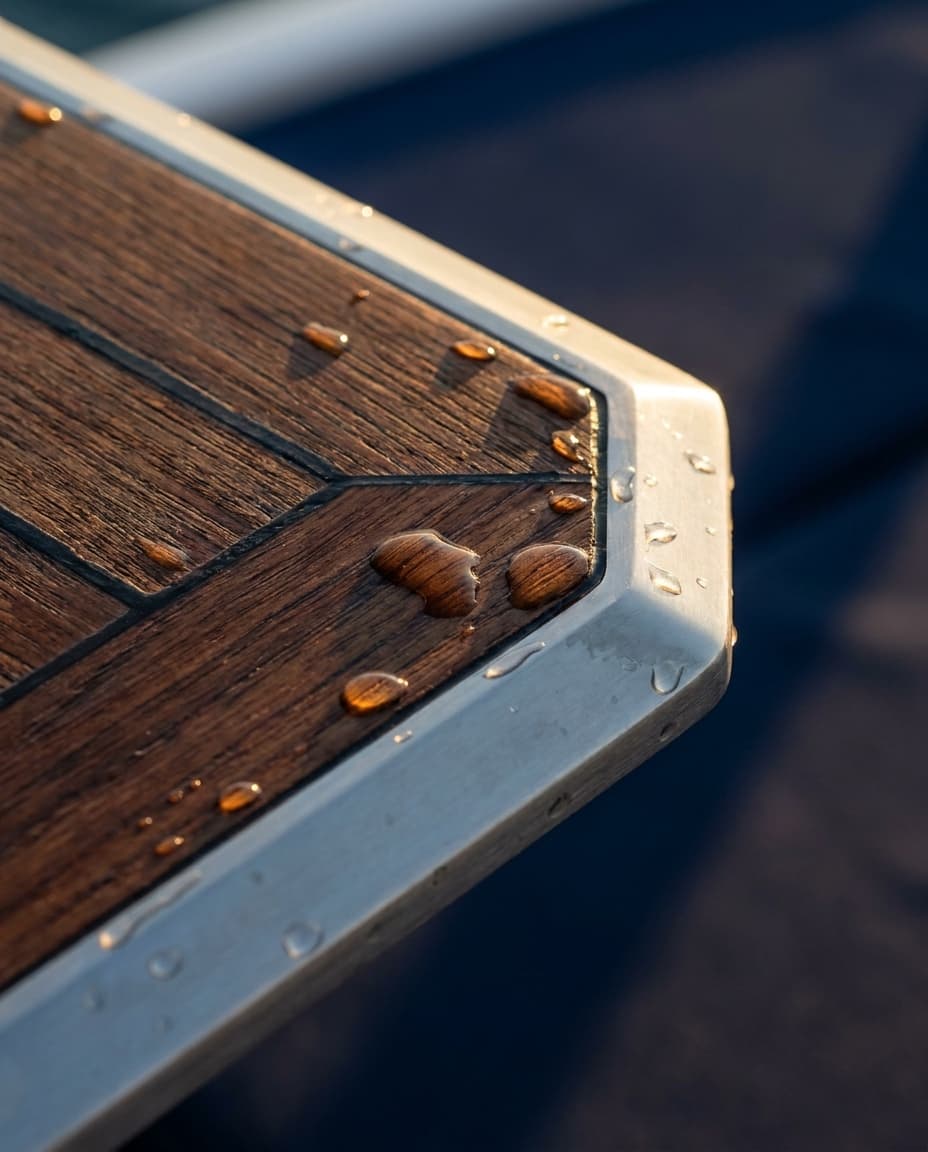 Close-up of solid teak grain with marine-grade stainless steel